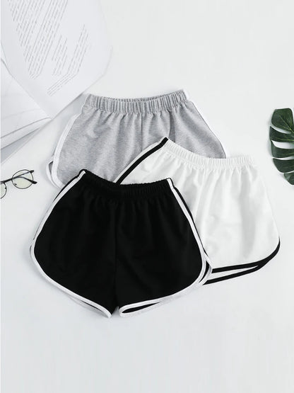 Striped Sports Shorts for Women, Casual Slimming Short for Ladies, High Waisted, Monochrome